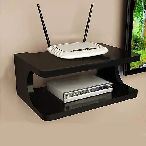 Set Top Box Stand Wifi Router Holder Wooden Wall Shelves Setup Box Stand For Home Wall Mount Stylish Wifi Router Holder Tv Cabinet Living Room Furniture Color Black