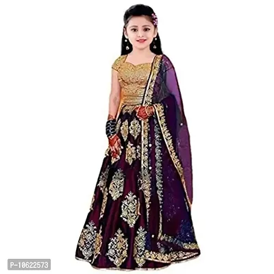 RADHE KRISHNA LACE Girls' Taffeta Satin Lehenga Choli (FA_K_Wine_Butto_01_Free Size)-thumb0