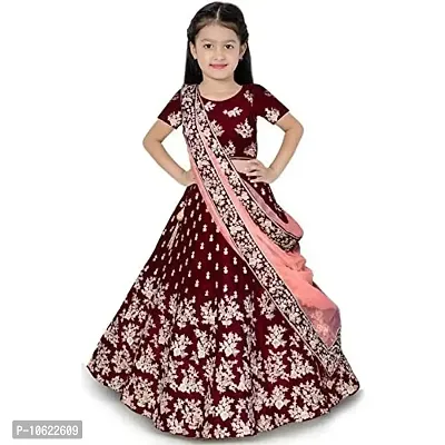 RADHE KRISHNA LACE Girls' Taffeta Silk Lehenga Choli (Free Size) (11-12 Years, Maroon)-thumb0