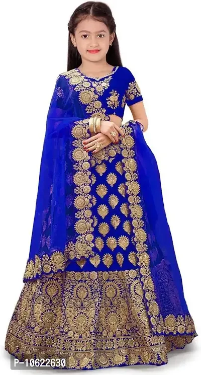 RADHE KRISHNA LACE Girl's Satin Semi-Stitched Lehenga Choli (Lehenga Choli-B-M-P_Light Blue_13 Years-14 Years)-thumb0