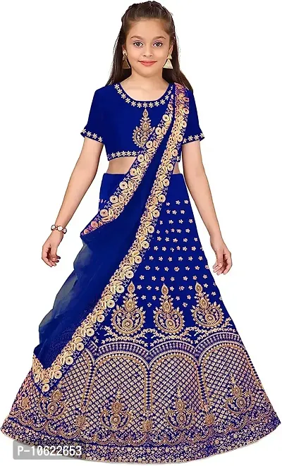 RADHE KRISHNA LACE Girl's New Silk Semi-Stitched Girls Lehenga Choli (6-7 Years, Dark Blue)-thumb0