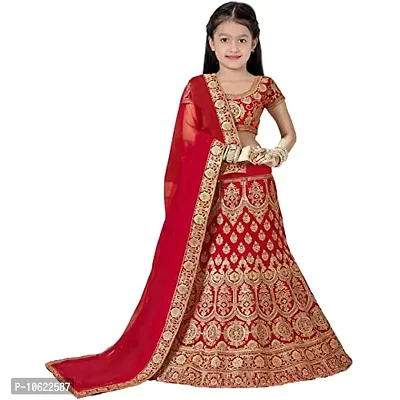 RADHE KRISHNA LACE Girl's Silk Semi-Stitched Lehenga Choli (4-5 Years, Red)-thumb0