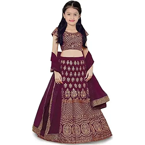 Femisha Creation Satin Kids Girls Lehenga Choli (8-9 Years, Green)