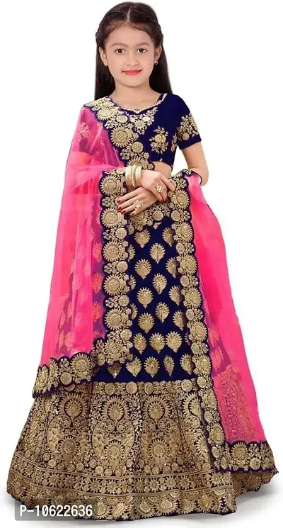 RADHE KRISHNA LACE Girl's Satin Semi-Stitched Lehenga Choli (Lehenga Choli-B-M-P_Blue_13 Years-14 Years)