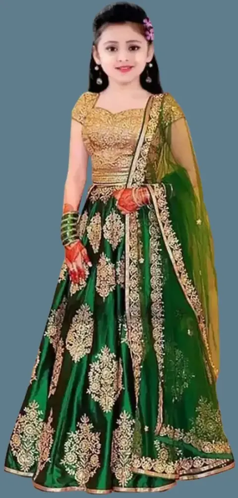 Heaven Fashion Girls' Taffeta Silk Semi-Stitched Lehenga Choli (7-8 Years, Green)