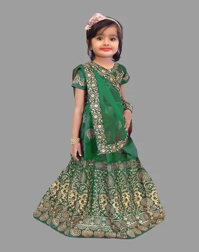 LUTION Girl's Tafetta satin Semi-stitched Lehenga Choli and Dupatta set