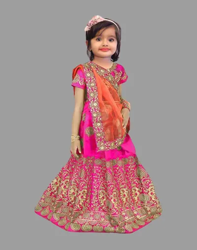 LUTION Girl's Tafetta satin Semi-stitched Lehenga Choli and Dupatta set