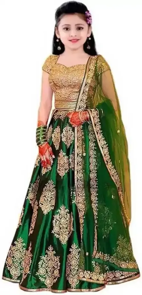 Heaven Fashion Girls' Taffeta Silk Semi-Stitched Lehenga Choli (7-8 Years, Green)