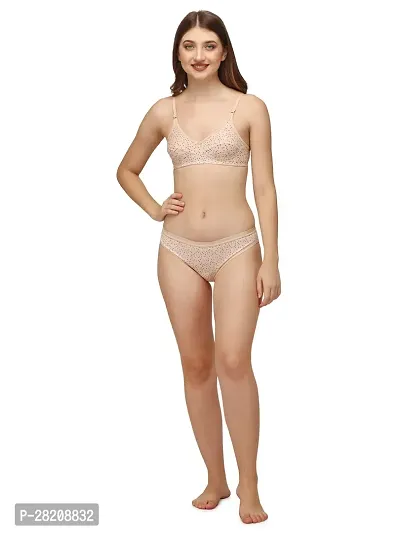 Stylish Beige Printed Bra and Panty Set For Women-thumb0