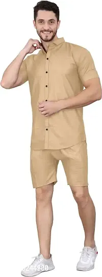 Stylish Beige Cotton Solid Shirts With Shorts Night Suits For Men-thumb0