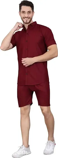 Stylish Maroon Cotton Solid Shirts With Shorts Night Suits For Men-thumb0