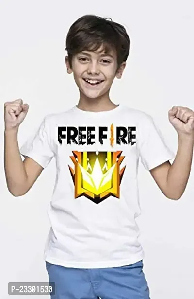 shree chitransh creations -wht_free-fire_Tshirt WHITE printed T-shirts for kids, last for 30 wash atleast (Age-7 year)