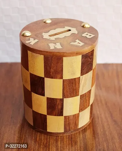 Happie Shopping Wooden Antique Chess Pattern Embosed Cylendrical Shaped Wooden Money Bank - Coin Saving Box, (Size 5 x 4.5 Inches)