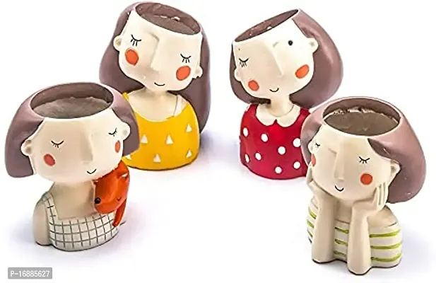 GARDEN BASKET Polyresin, Ceramic Dreaming,Thinking Girl Planter Pots, Assorted Colour, Pack of 4-thumb0