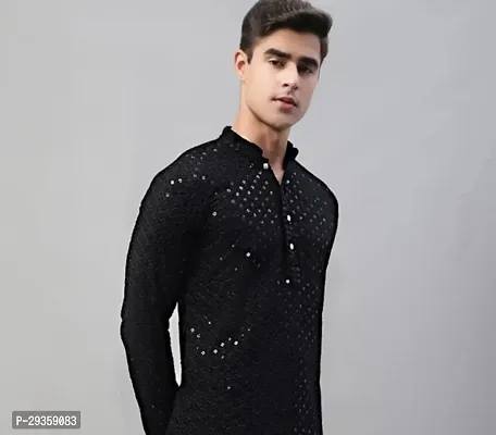 Trendy Black Chikankari Mirror Design Kurta for Men-thumb0