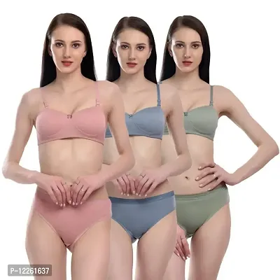 Apurwa Fashion Cotton Lingerie Half Cup Padded Wire Free Regular Bra Panty Set_Pack of 3