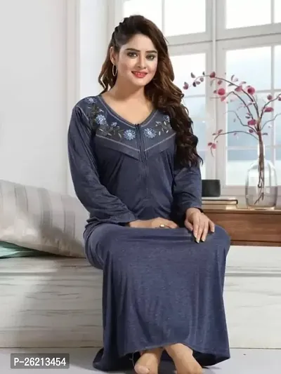 Stylish Regular Navy Blue Solid Hosiery Nighty For Women