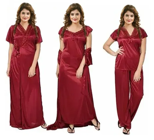 Sia Satin Solid Nightwear Combo(Nighty/Noght Suit, Robe)