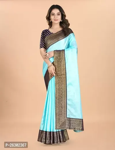 Stylish Turquoise Pure Silk Saree With Blouse Piece For Women