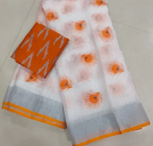 Attractive Linen Blend Saree with Blouse piece 