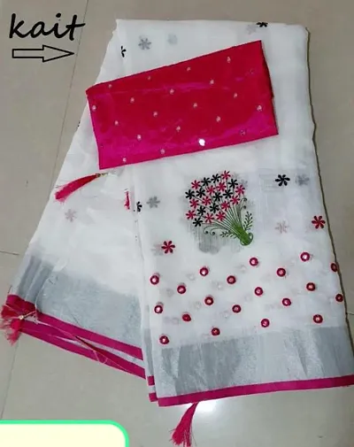 Chanderi Cotton Embroidered Sarees with Work Blouse Piece