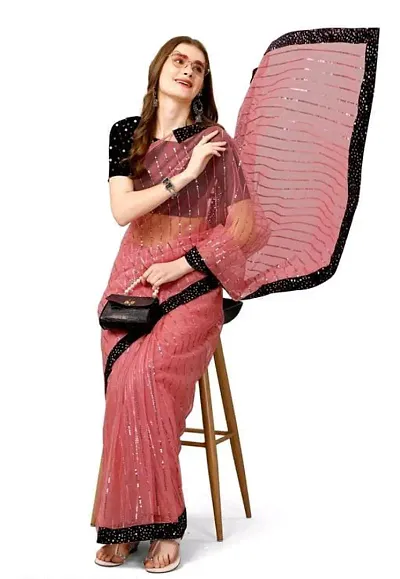 WOMENS DESIGNER NET SAREE WITH BLOUSE PIECE