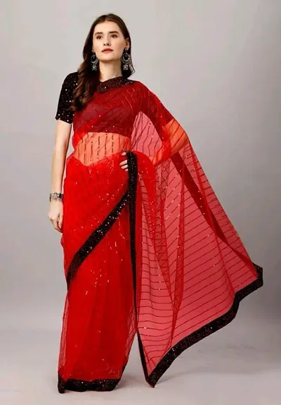 WOMENS DESIGNER NET SAREE WITH BLOUSE PIECE