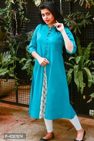 Turquoise Cotton Solid Kurtas For Women-thumb0