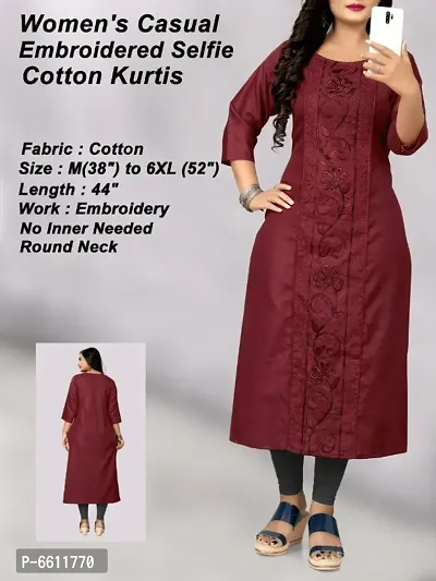 Brown Cotton Embroidered Kurtas For Women