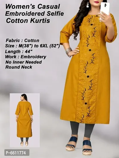 Mustard Cotton Embroidered Kurtas For Women