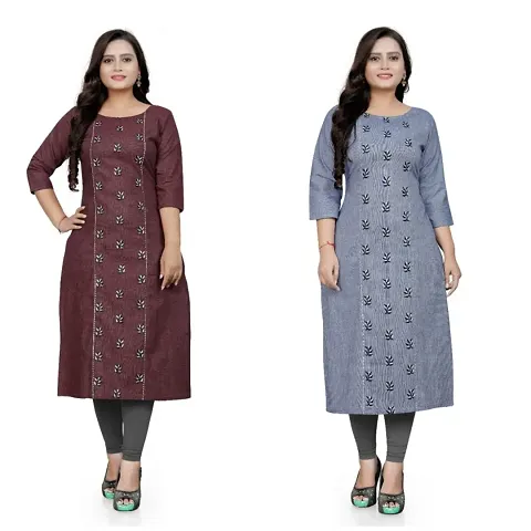 Fancy Cotton Embroidered Straight Kurta - Pack of 2