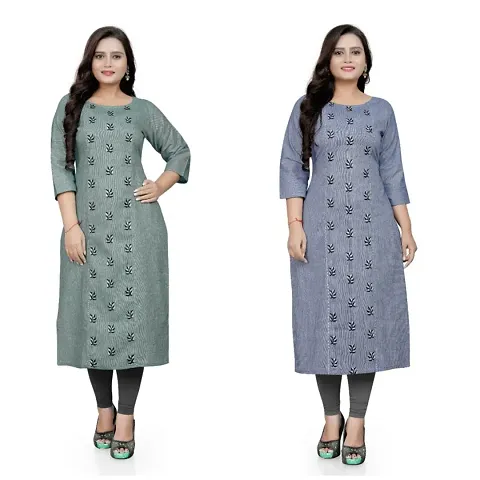 Fancy Cotton Embroidered Straight Kurta - Pack of 2