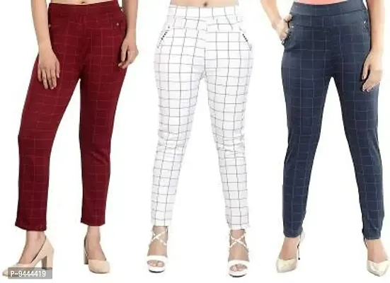 4M Sales Women's Checkered Cotton Ankle Length Jegging | Multicolor | Pack of 3