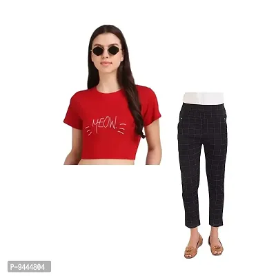 4M Sales Crop Top with Jegging Combo Pack for Women Pure Cotton Fabric | Red Meow Top, Black Jegging
