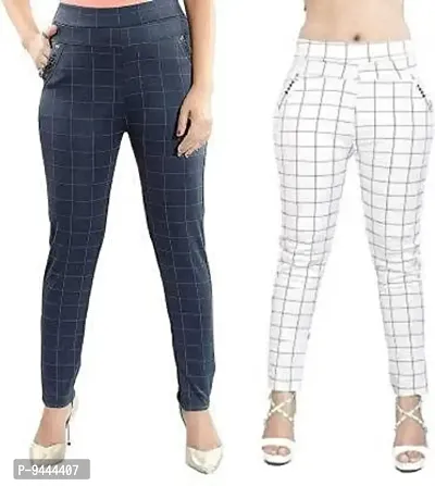 4M Sales Women's Checkered Ankle Length Jegging | Grey-White | Pack of 2