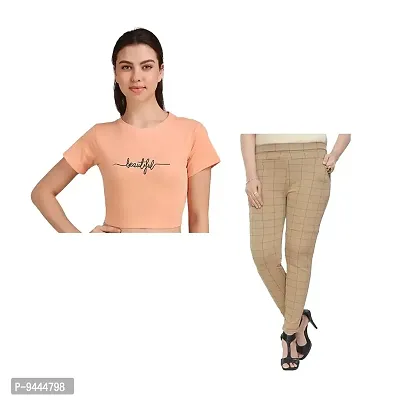 4M Sales Crop Top with Jegging Combo Pack for Women Pure Cotton Fabric | Peach Beautiful Top, Beige Jegging