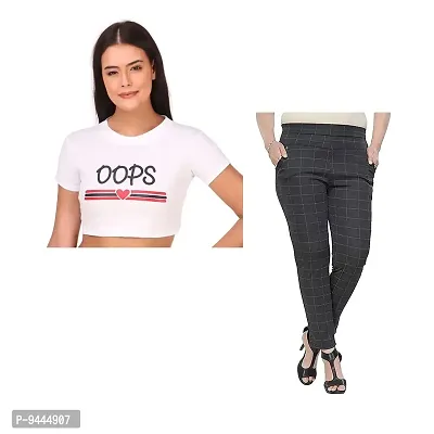 4M Sales 180 GSM Pure Cotton Crop T-Shirt with Slim Fit Jegging for Women |White Oops Print Grey Jegging-thumb0