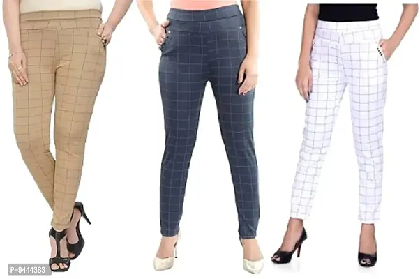 4M Sales Women's Checkered Ankle Length Jegging | White, Beige, Grey | Pack of 3