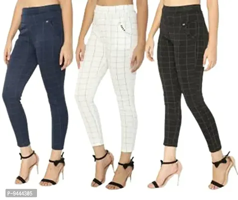 4M Sales Women's Checkered Ankle Length Jegging | Blue-White-Black | Pack of 3-thumb0