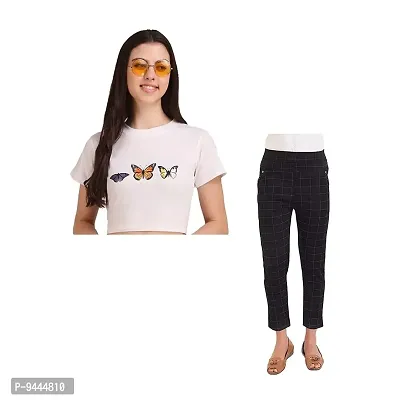 4M Sales Crop Top with Jegging Combo Pack for Women Pure Cotton Fabric | White Butterfly Top, Black Jegging