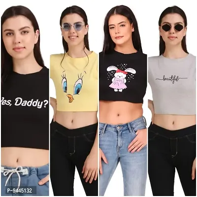 4M Sales Women's Printed Crop Top T-Shirt Cotton Combo Pack of 4