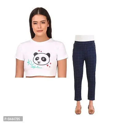4M Sales 180 GSM Pure Cotton Crop T-Shirt with Slim Fit Jegging for Women |Grass Panda Print Blue Jegging