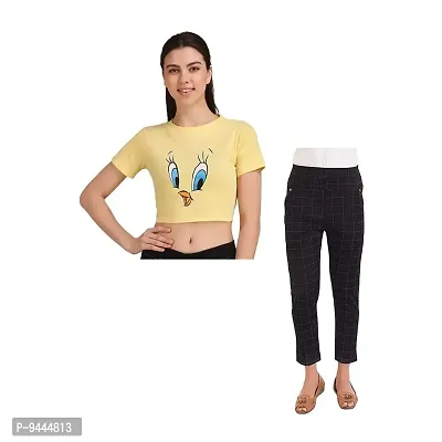4M Sales Crop Top with Jegging Combo Pack for Women Pure Cotton Fabric | Yellow Tweety Top, Black Jegging