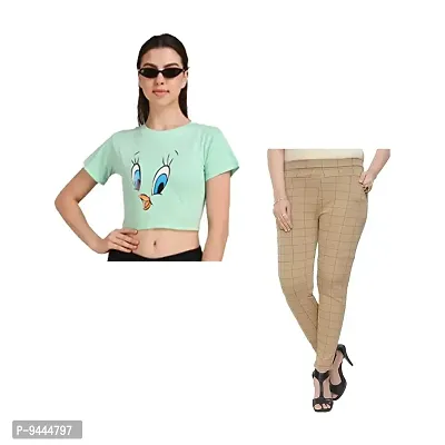4M Sales Crop Top with Jegging Combo Pack for Women Pure Cotton Fabric | Green Tweety Top, Beige Jegging