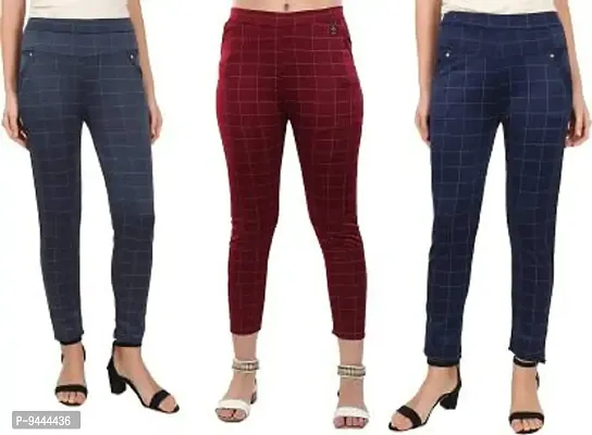 4M Sales Women's Checkered Cotton Ankle Length Jegging | Multicolor | Pack of 3