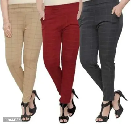 4M Sales Women's Checkered Ankle Length Jegging | Beige, Maroon, Grey | Pack of 3