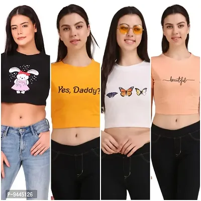 4M Sales Women's Printed Crop Top T-Shirt Cotton Combo Pack of 4-thumb0