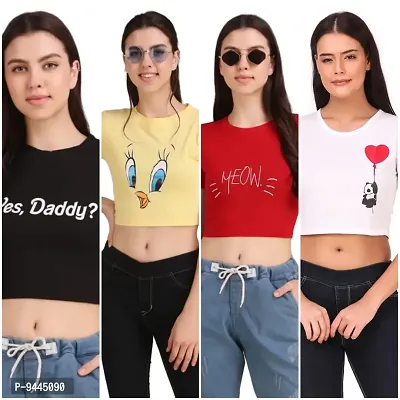 4M Sales Women's Printed Crop Top T-Shirt Cotton Combo Pack of 4-thumb0