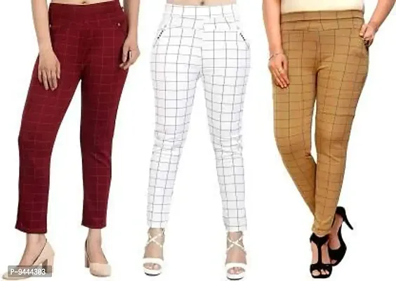 4M Sales Women's Checkered Cotton Ankle Length Jegging | Multicolor | Pack of 3