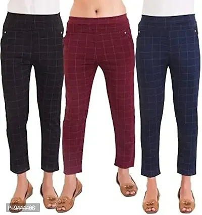 4M Sales Women's Checkered Ankle Length Jegging | Black, Blue, Maroon| Pack of 3